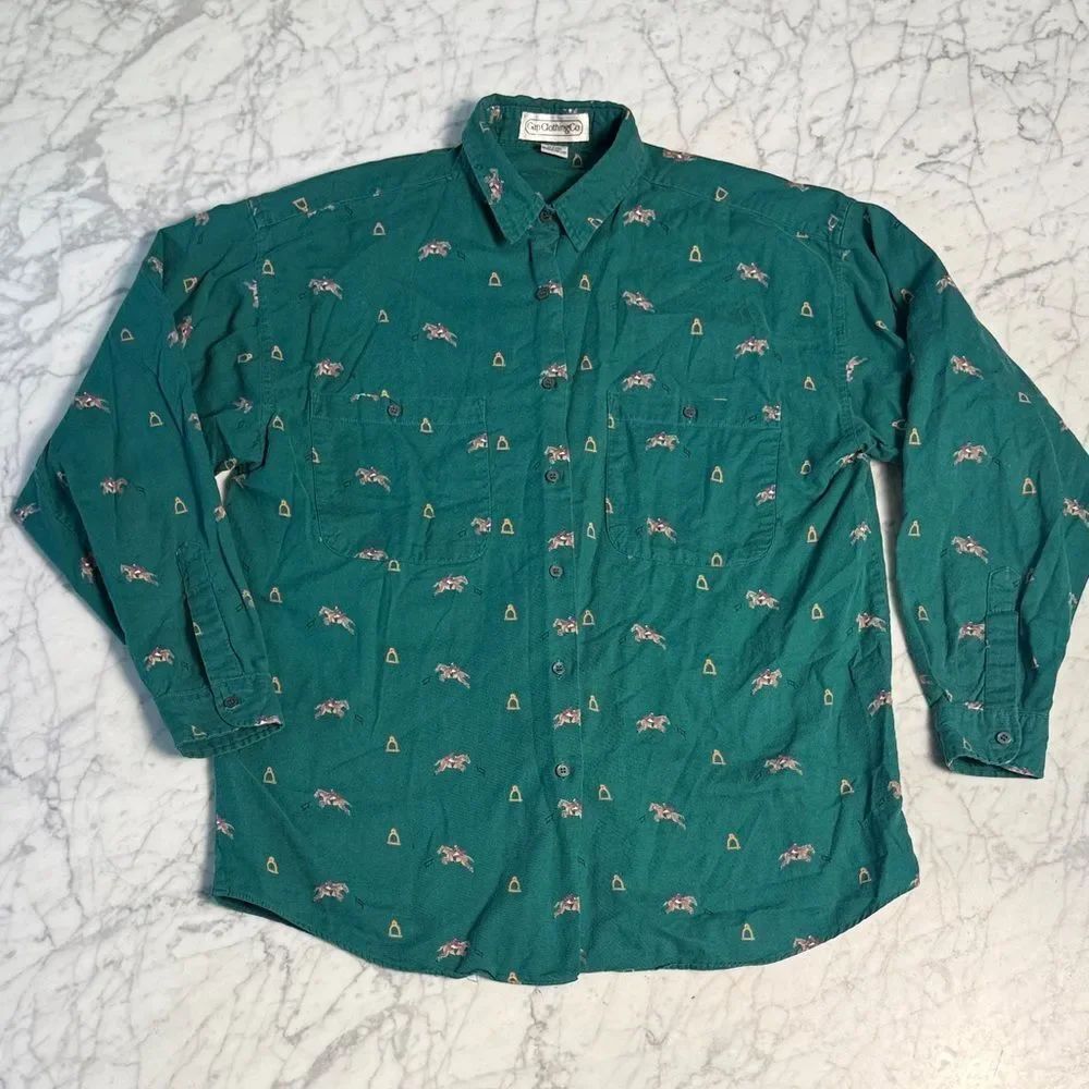Vintage Gap Equestrian Button-Up Shirt Horse Pattern Sz L Womens LS